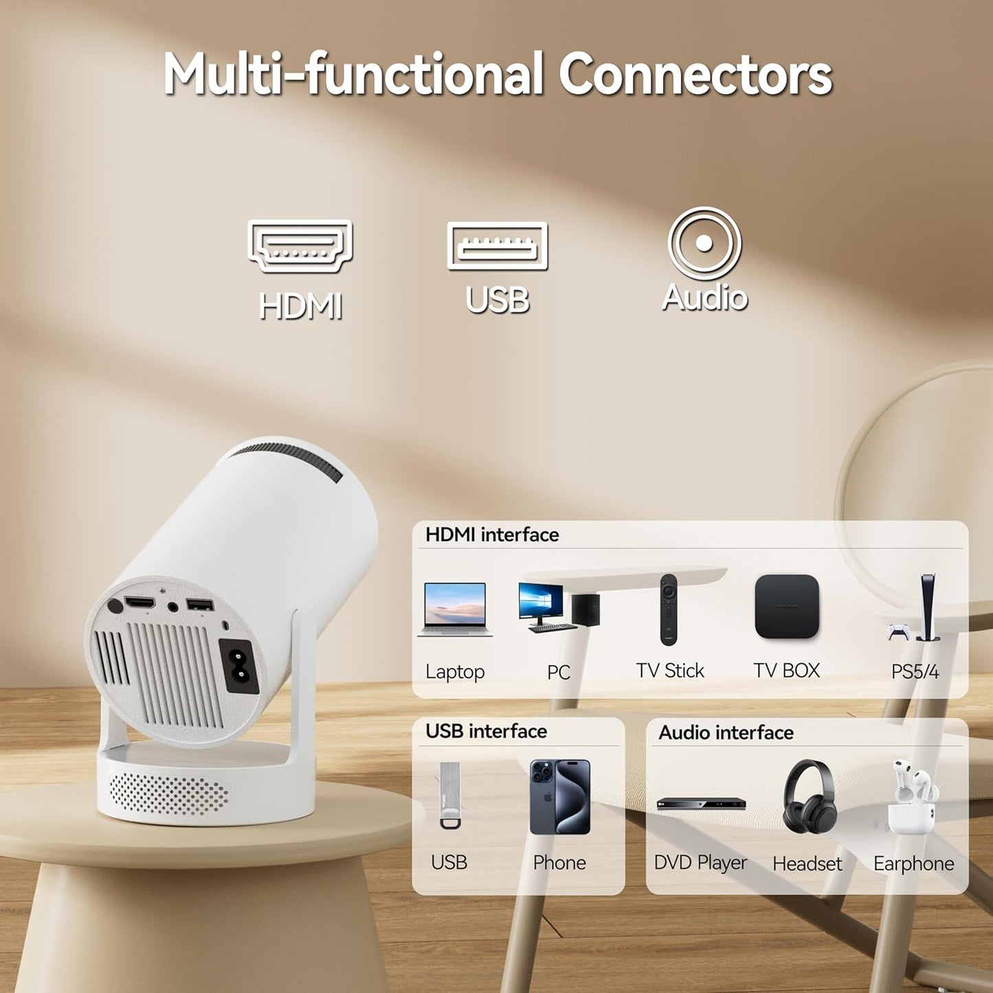 Portable Mini Projector with WiFi 6 & Bluetooth 5.0, 4K 1080P, 280 ANSI Lumens for Home & Outdoors