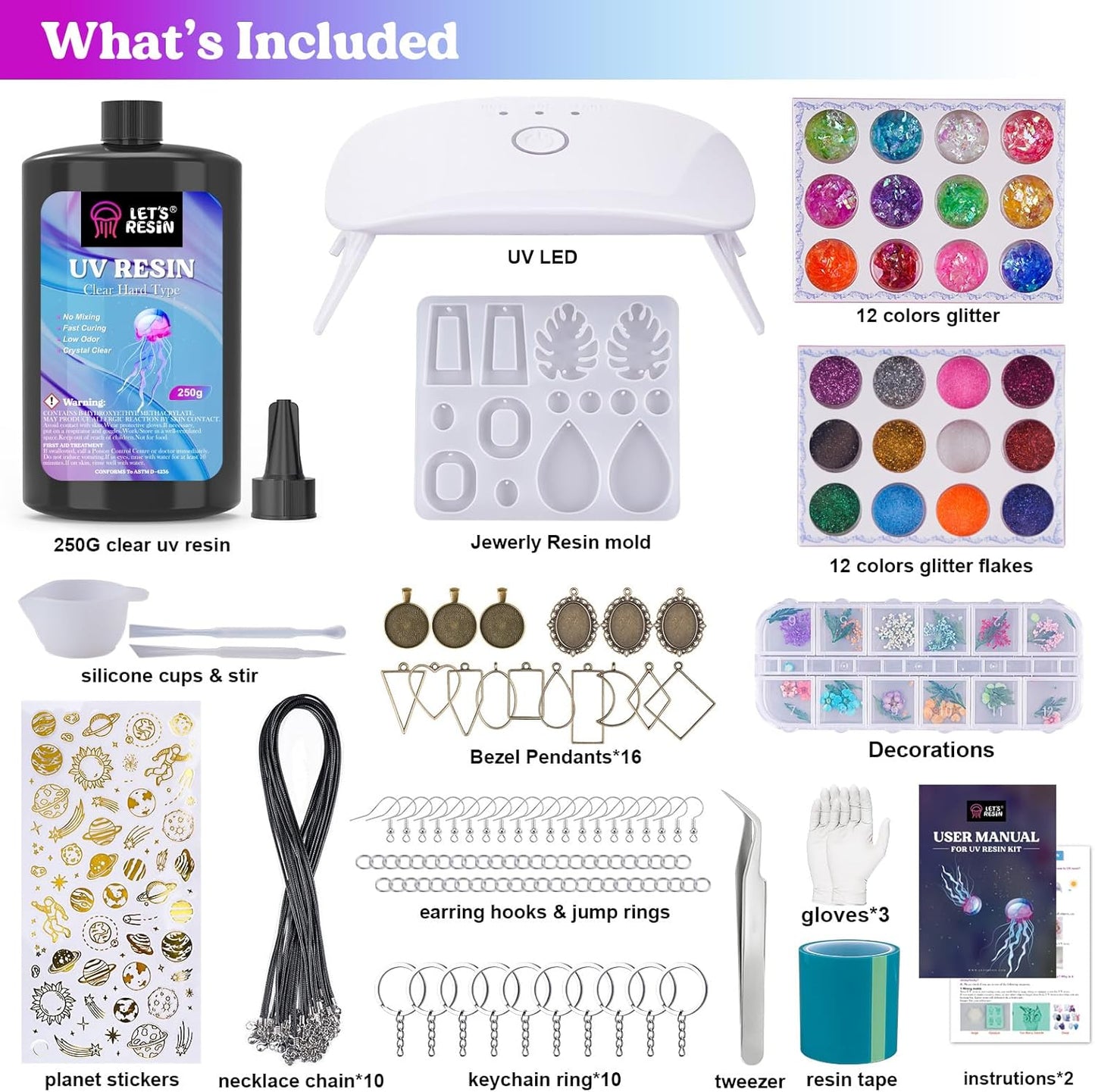 UV Resin Kit with Lamp – 153Pcs Jewelry Making Set with 250g Clear Low Odor Resin