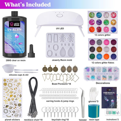 UV Resin Kit with Lamp – 153Pcs Jewelry Making Set with 250g Clear Low Odor Resin