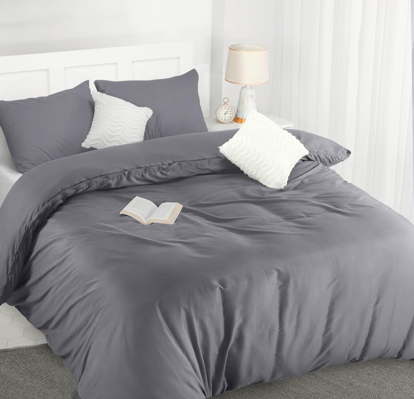 Grey Double Duvet Cover Set – Soft Microfiber Bedding with Pillowcases – Utopia