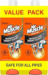 Mr Muscle Drain Unblocker, Sink & Drain Cleaner, Fast Acting Heavy Duty Drain Gel, Dissolves Clogs, Works 3x Better Than Bleach, Safe for All Pipes, Duo Pack, (2 x 1L) (Package may vary)