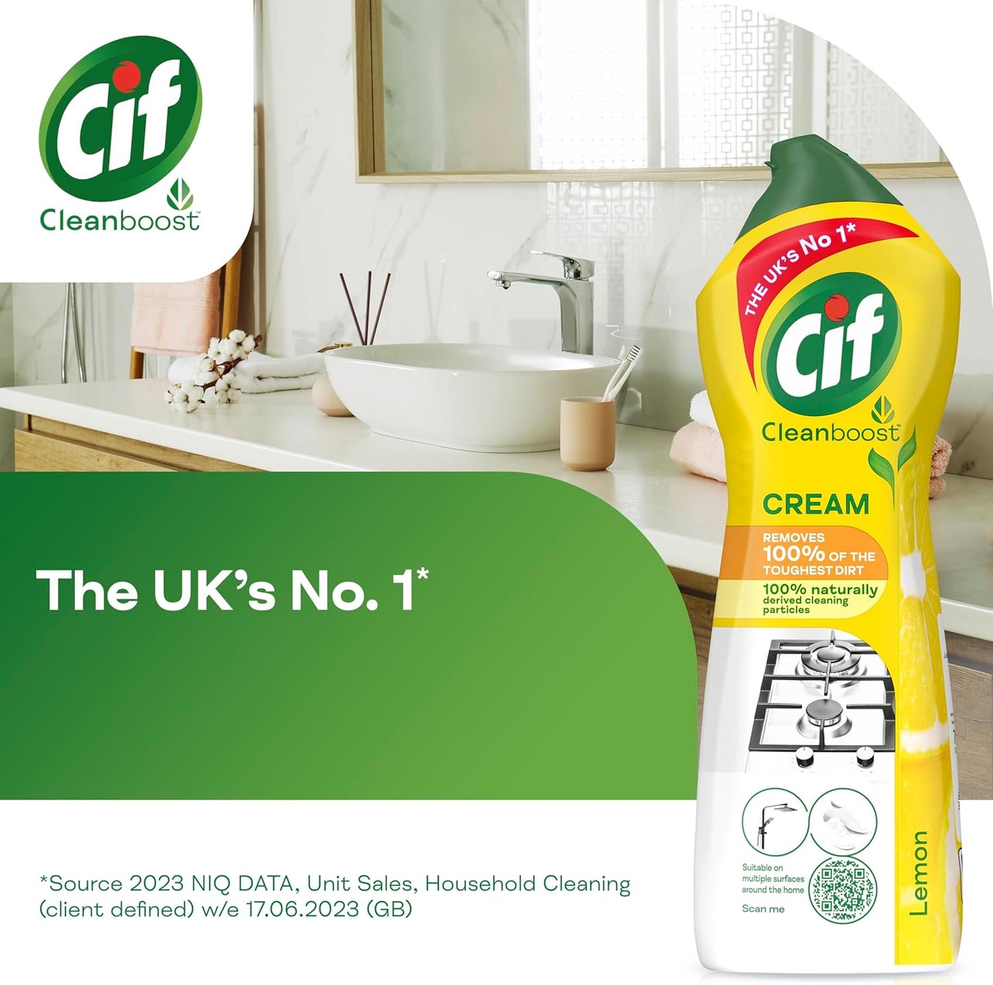 Cif Lemon Cream Cleaner multipurpose surface cleaner with 100% natural cleaning particles removes 100% of the toughest dirt 750 ml