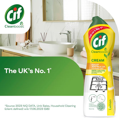 Cif Lemon Cream Cleaner multipurpose surface cleaner with 100% natural cleaning particles removes 100% of the toughest dirt 750 ml