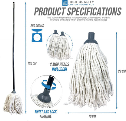 Cotton Floor Mop System With Super Absorbent Head, 110cm Metal Handle and Extra Refill - Effective Cleaning For Home, Office and Commercial Use
