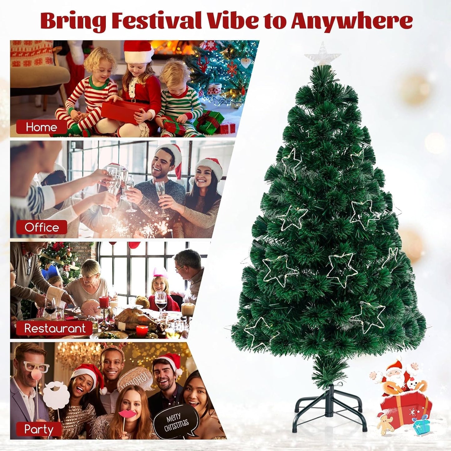 GYMAX 4FT/5FT Fiber Optic Christmas Tree, Pre-lit Artificial Xmas Tree with 18/24 Shape-Adjustable Light Strips, Top Star, 130/170 Branch Tips, Xmas Decor for Home Office Party (120CM)