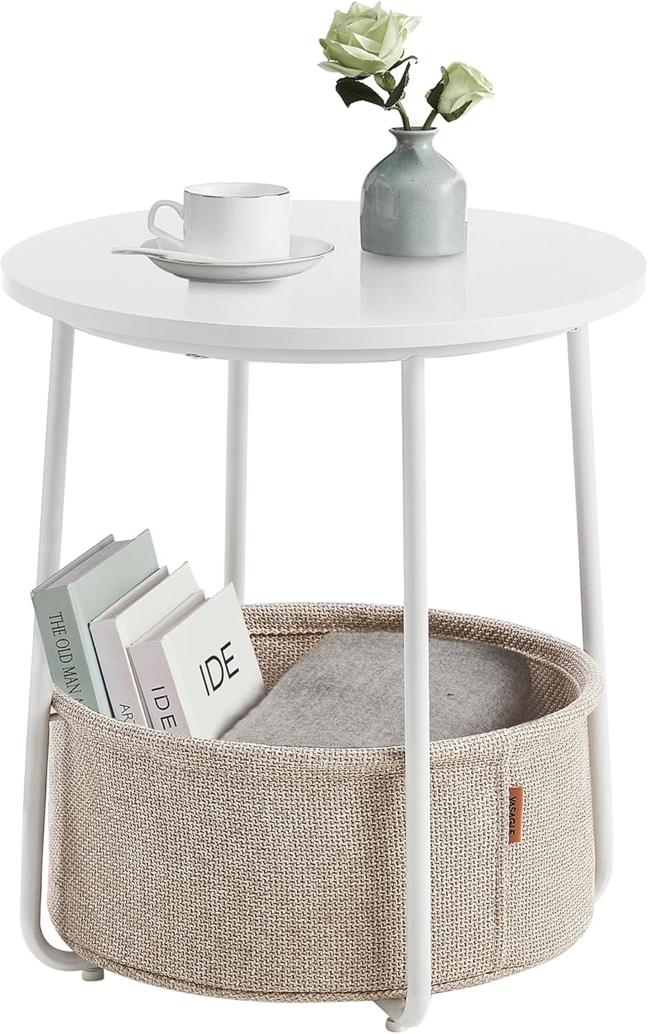 Modern Round Side Table with Storage Basket – Bedside or Living Room Use