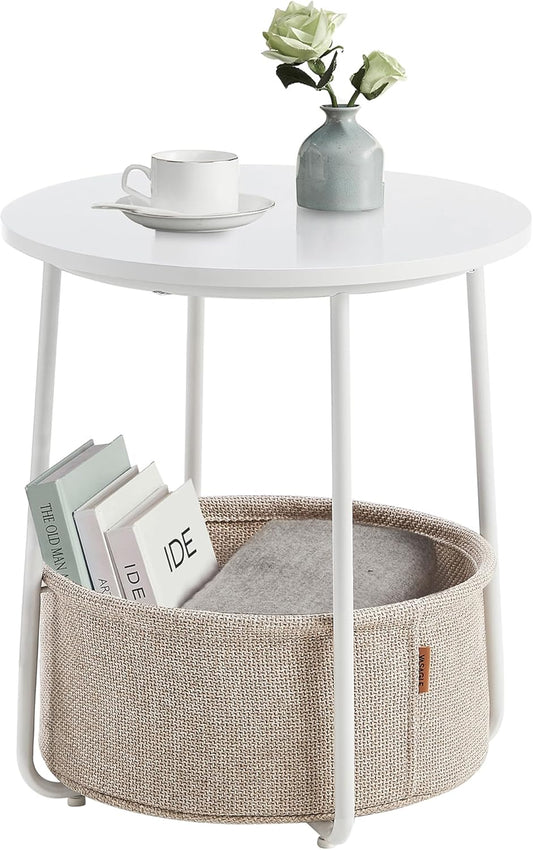 Modern Round Side Table with Storage Basket – Bedside or Living Room Use