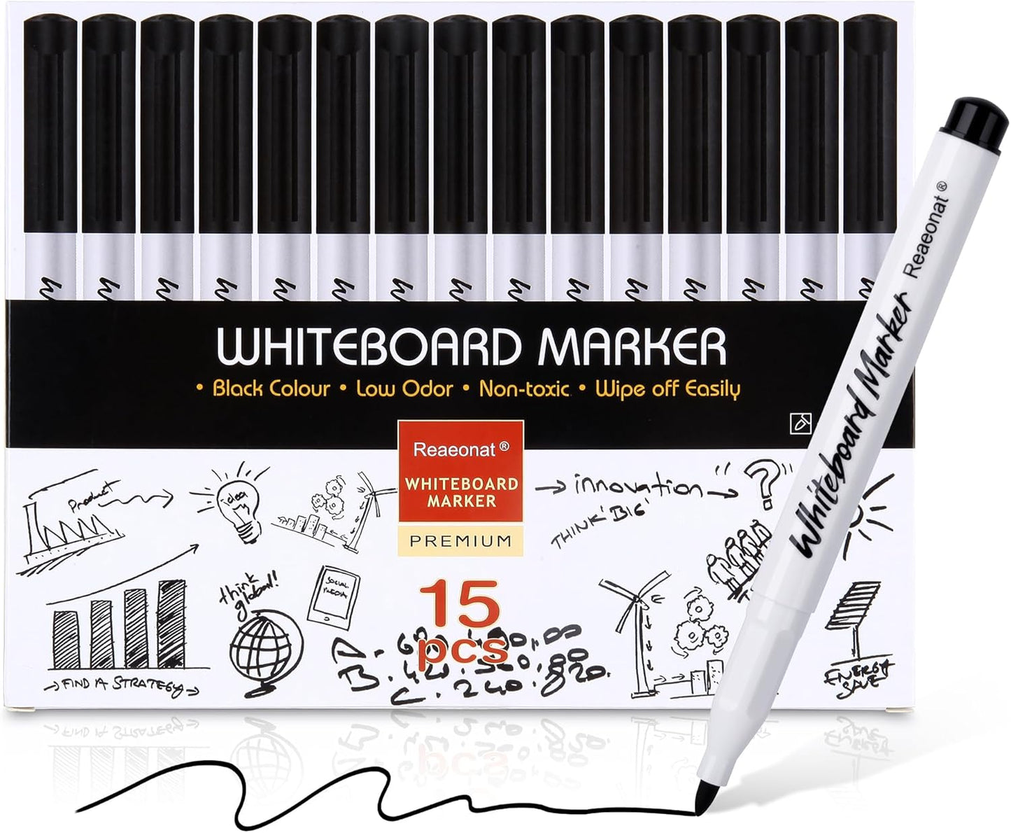 Black Whiteboard Markers, 15 Pack Dry Erase 0.7mm Fine Tip White Board Pens Ink Marker for Home, School & Office Uses