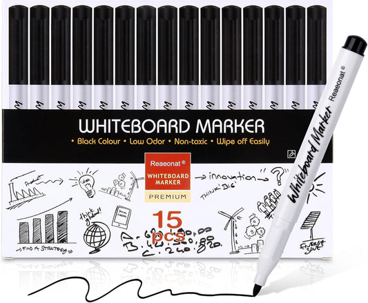 Black Whiteboard Markers, 15 Pack Dry Erase 0.7mm Fine Tip White Board Pens Ink Marker for Home, School & Office Uses