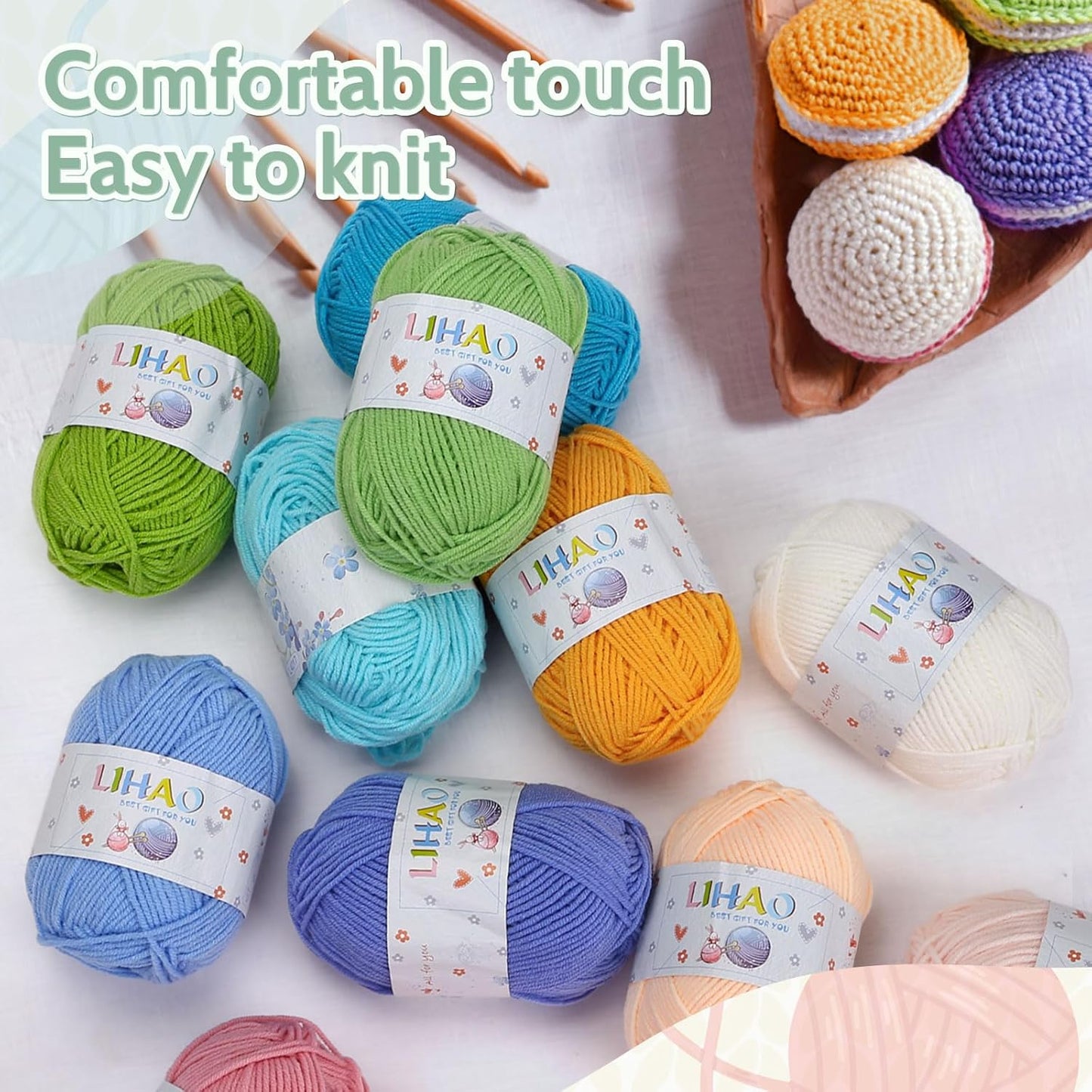 LIHAO 12 x 50g Acrylic Yarn for Knitting, Crochet Yarn Set for Crafts Multicolor Yarn Skeins, Ideal for Beginners Adults Kids Crafts