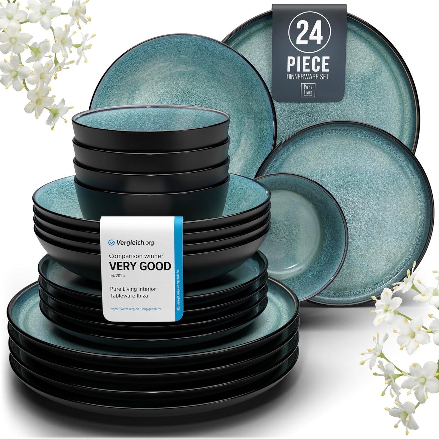 24-Piece Stoneware Dinner Set for 6 – Mediterranean Style, Microwave & Dishwasher Safe