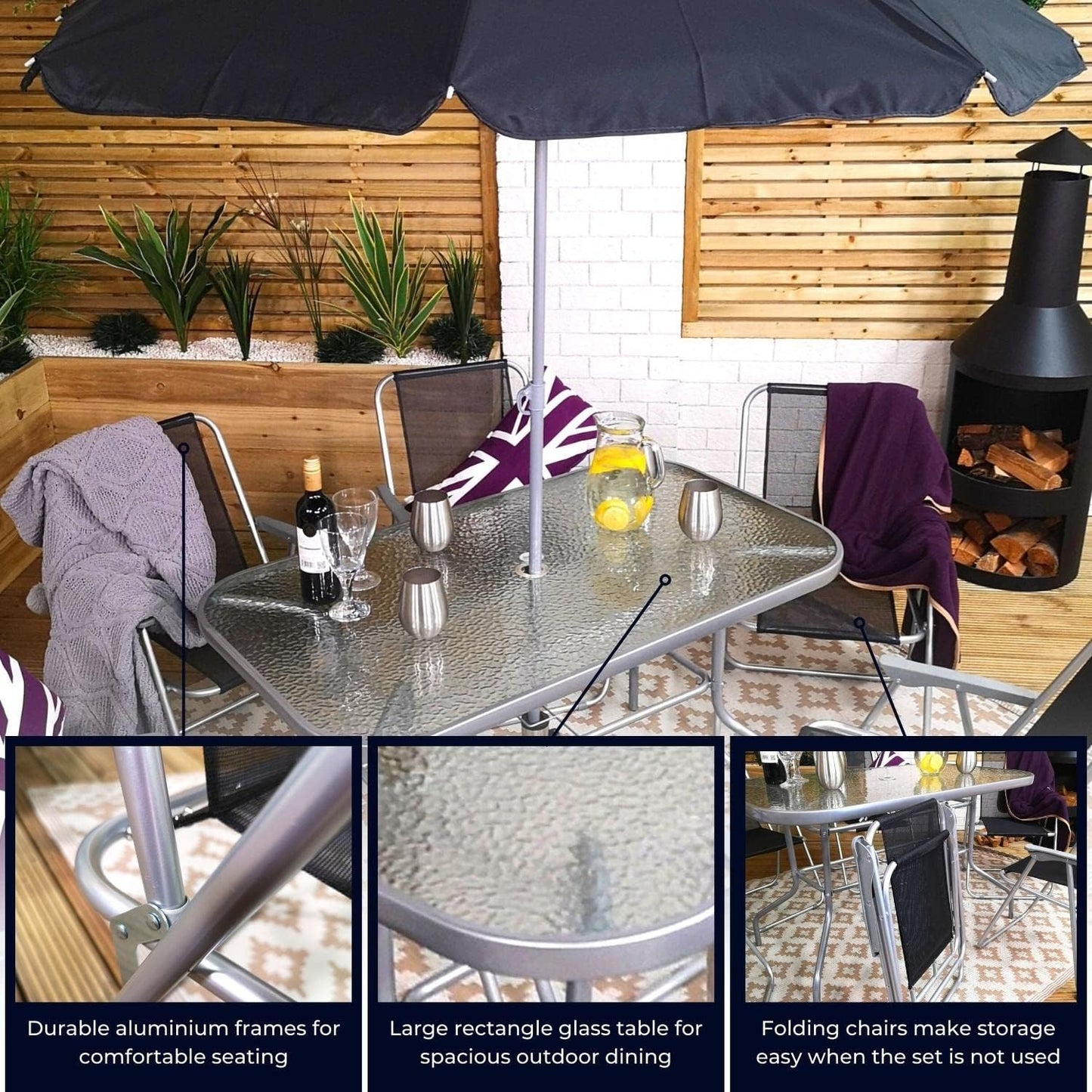 Samuel ALEXANDER 6 Person Garden Furniture Sets With Parasol Patio Dining Table And Chairs Set, Includes 6 Chairs, Table and Parasol