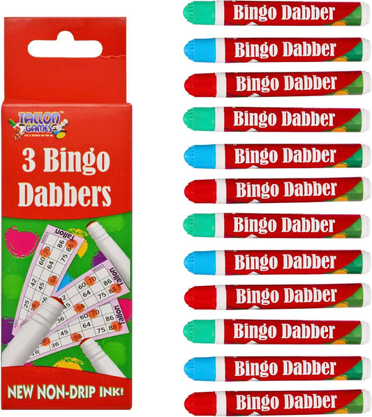 Pheleam Bingo Dabbers - 4 Pack, 12 Dabbers, Bright Red, Blue, and Green, Non-Drip Bingo Pens, Perfect for Bingo Nights at Bingo Halls & With Friends and Family, Mess-Free Pens