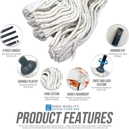 Cotton Floor Mop System With Super Absorbent Head, 110cm Metal Handle and Extra Refill - Effective Cleaning For Home, Office and Commercial Use