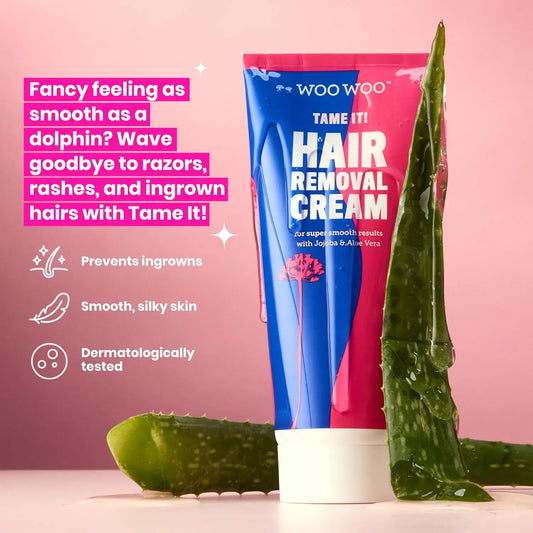 WooWoo Tame It! Natural Intimate Hair Removal Cream – Painless Vegan Depilatory for Sensitive Skin, Genitals, Bikini, Legs & Bum – Aloe Vera In-Shower Formula – 100ml