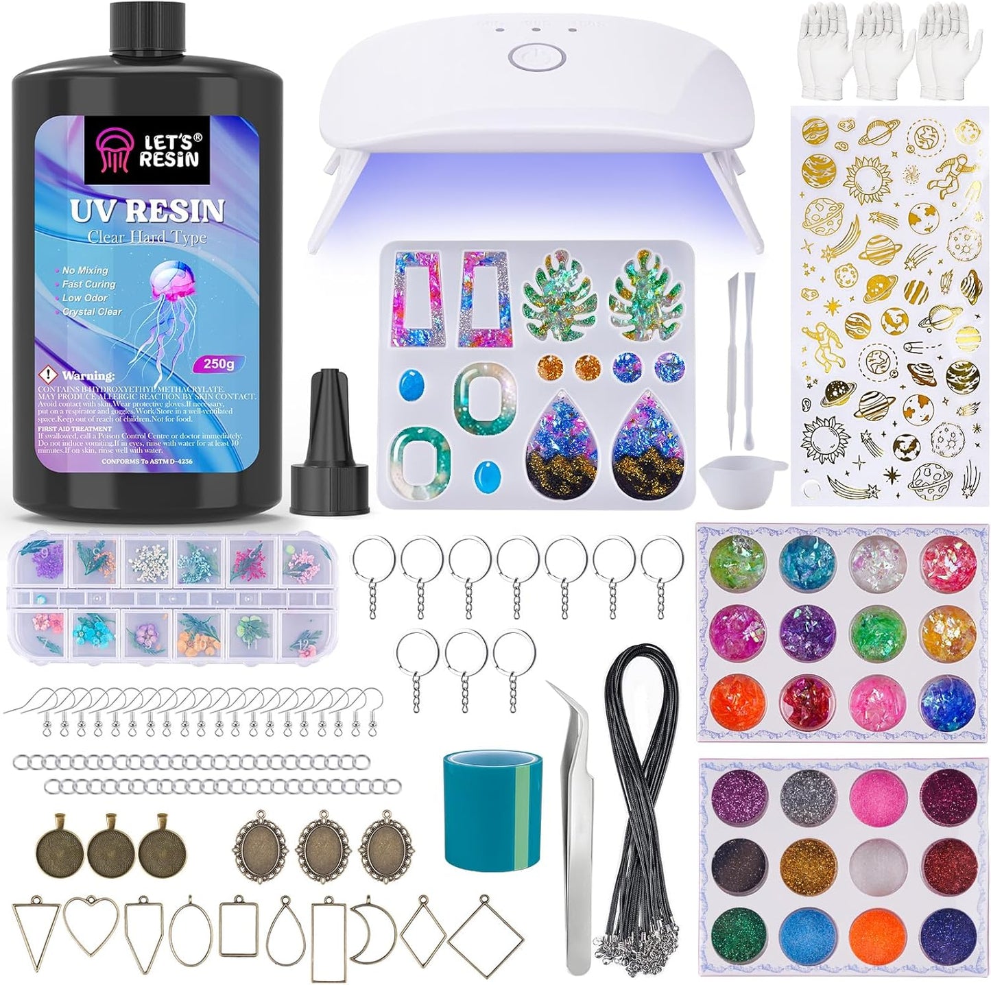 UV Resin Kit with Lamp – 153Pcs Jewelry Making Set with 250g Clear Low Odor Resin