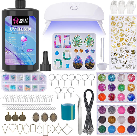 UV Resin Kit with Lamp – 153Pcs Jewelry Making Set with 250g Clear Low Odor Resin