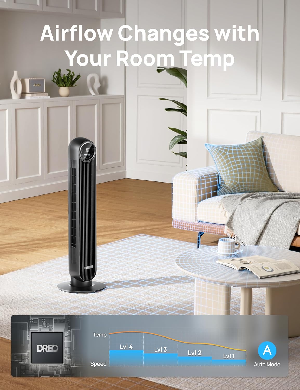 Dreo Silent Tower Fan 28dB, Bladeless 4-Speed Cooling Fan w/ Remote & Timer