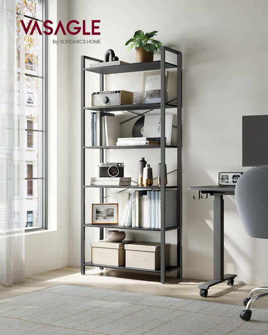 VASAGLE 6-Tier Industrial Bookshelf – Ebony & Ink Black Bookcase for Home & Office 30 x 80 x 186 cm