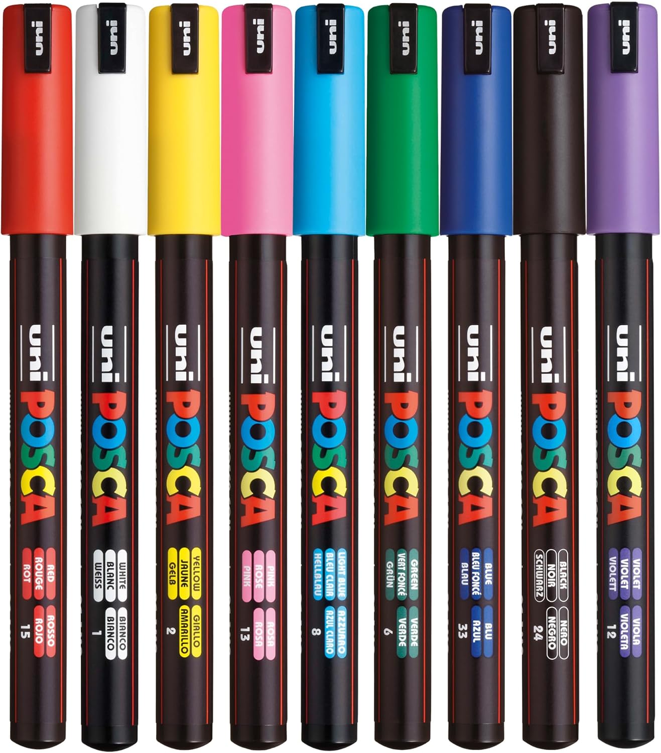 Posca PC-1MR Standard Pack of Paint Markers (Pack of 9) Multisurface Water Based Paint Pens with Extra Fine 0.7mm Acrylic Tips for Adult Colouring Books, Art and Crafts with 4 Stickers