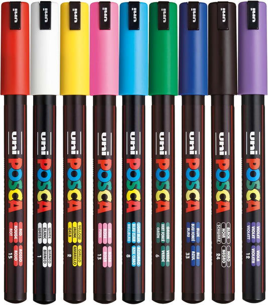Posca PC-1MR Standard Pack of Paint Markers (Pack of 9) Multisurface Water Based Paint Pens with Extra Fine 0.7mm Acrylic Tips for Adult Colouring Books, Art and Crafts with 4 Stickers