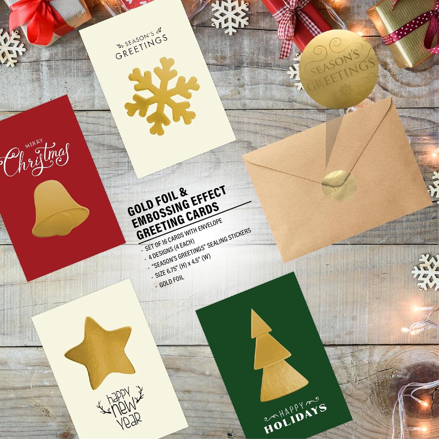 easykart labels Christmas Cards Set - 16 Foiling Holiday Cards with Envelopes – 4 Assorted Designs Boxed for Easy Storage - Bulk Greeting Cards - 4.5 x 6.75 Inch