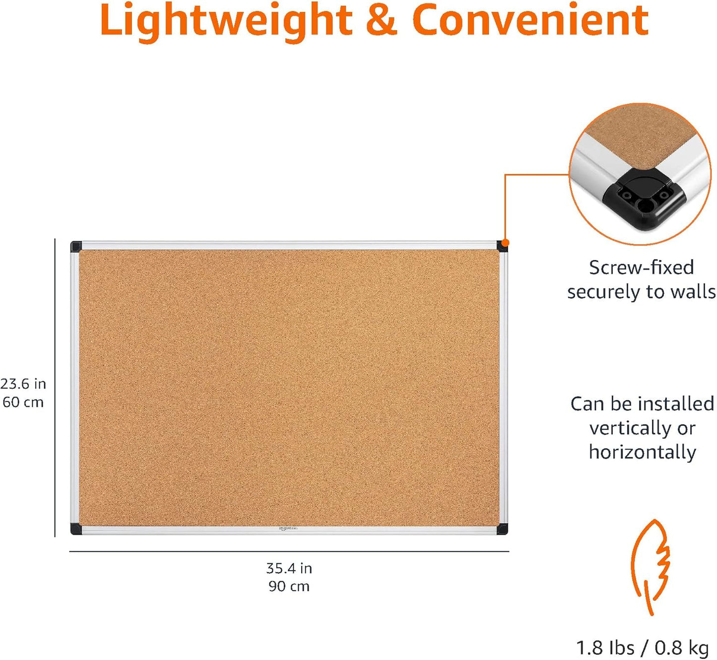 Basics Aluminum Frame Cork Notice Rectangular Board, 90cm x 60cm, Silver
