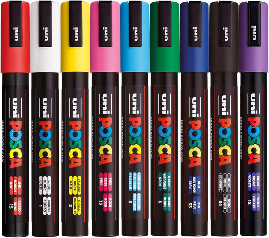 Posca Paint Pens, Permanent Markers, Water-Based, Ideal for Rock Painting, Canvas, Glass, Wood, Metal, Fabric, Colouring, Arts and Crafts for Kids and Adults, Fade Resistant (Standard - 5M - 9pc)