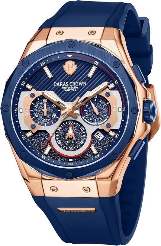 Crown Luxury Men's Quartz Chronograph Watch – 50M Waterproof Designer Wristwatch with Silicone Strap & Stainless Steel Case