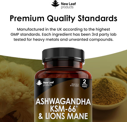Ashwagandha KSM-66 & Lion’s Mane 2000mg – 120 Vegan Capsules with Black Pepper