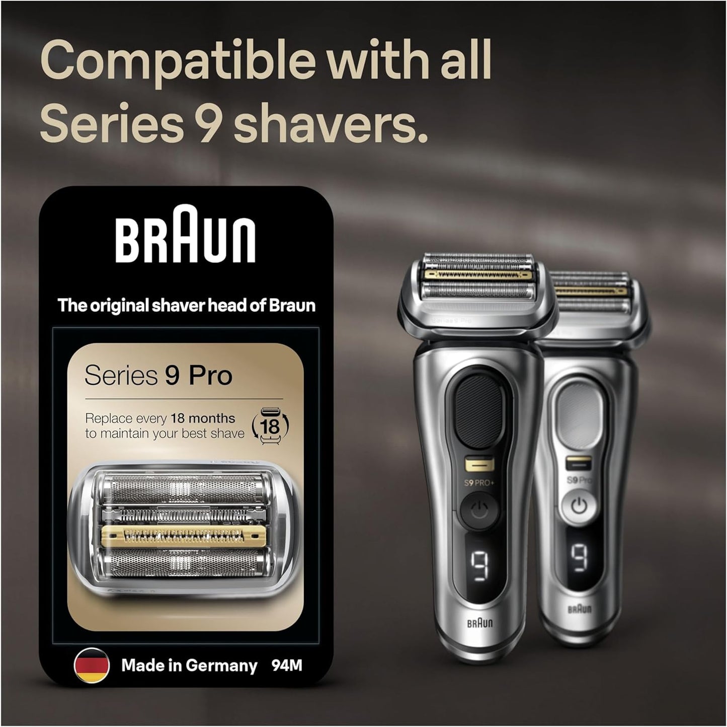 "Braun Series 9 Replacement Shaver Head - Original, Fits Series 9 & 9 Pro, Silver