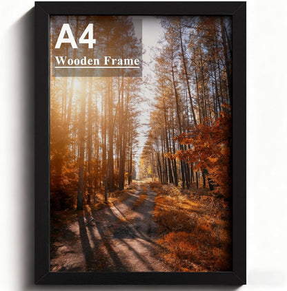 A4 Picture Frame, Wooden Photo Frame, Versatile Black Frame with Safe Perspex Front & Wall Hanging Hooks - For Display, Landscape or Portrait Orientation, Wall-Mount & Desk Stand
