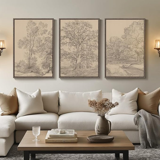 Large Vintage Framed Neutral Landscape Wall Art for Living Rooms, 3 Piece Retro Big Tree Sketch Botanical Forest Antique Canvas Artwork Set, Rustic Nature Wabi Sabi Art Prints for Hallway Home Office