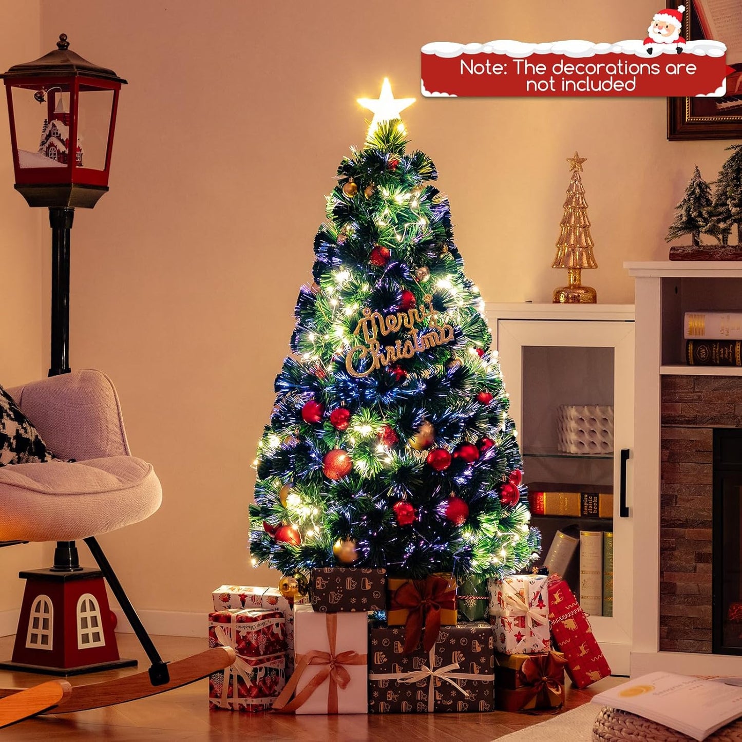 GYMAX 4FT/5FT Fiber Optic Christmas Tree, Pre-lit Artificial Xmas Tree with 18/24 Shape-Adjustable Light Strips, Top Star, 130/170 Branch Tips, Xmas Decor for Home Office Party (120CM)