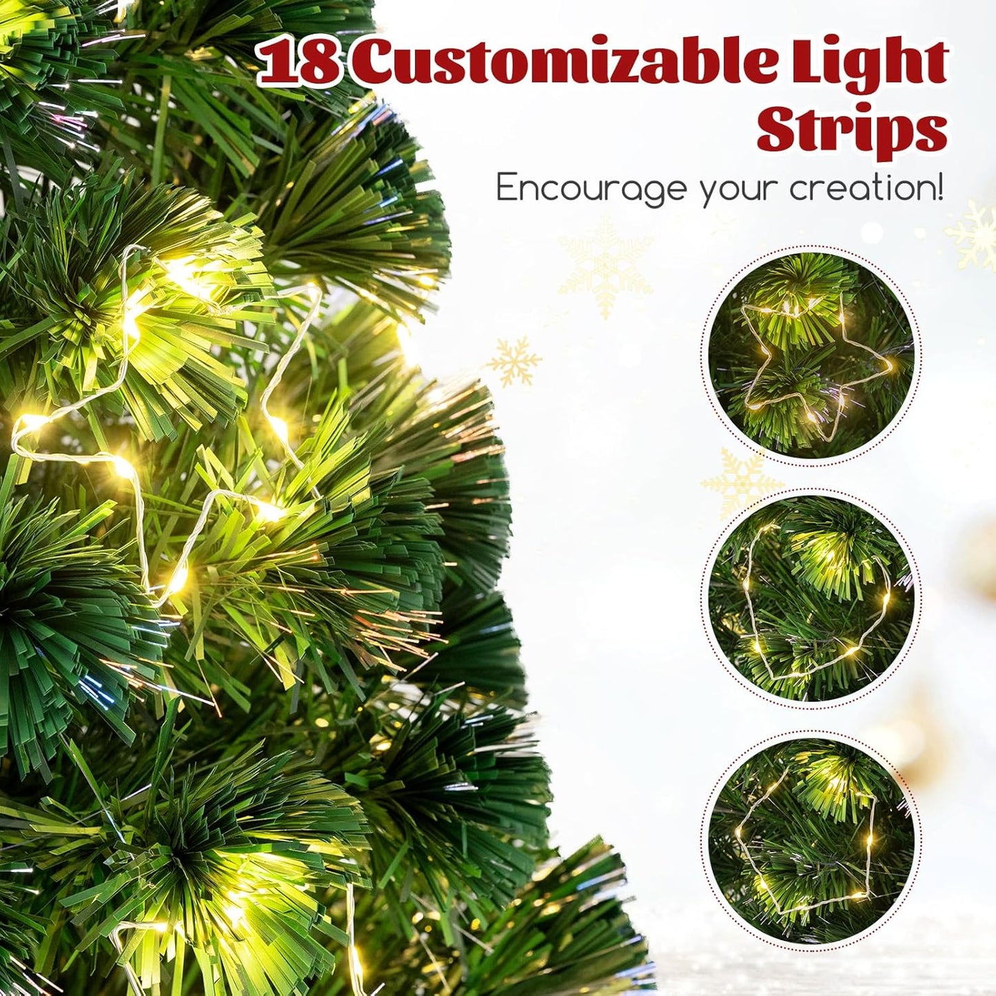 GYMAX 4FT/5FT Fiber Optic Christmas Tree, Pre-lit Artificial Xmas Tree with 18/24 Shape-Adjustable Light Strips, Top Star, 130/170 Branch Tips, Xmas Decor for Home Office Party (120CM)