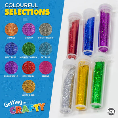 SOL 54pk Kids Glitter Tubes in 10 Assorted Vibrant Colours - Fine Glitter for Arts and Crafts, Slime, Card Making, Nail Art, and Decorations - Easy-Pour Shaker Pots for Kids and Adults