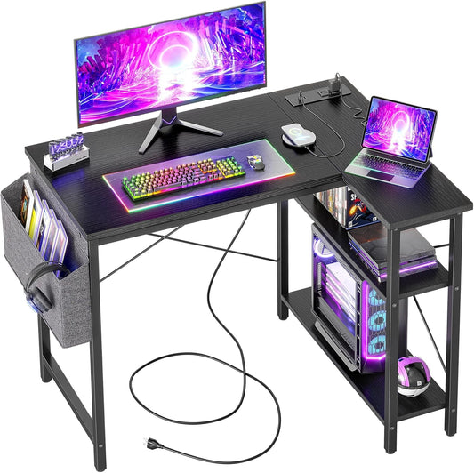 L Shaped Computer Desk with Outlets – Gaming & Office Table with Storage Shelf
