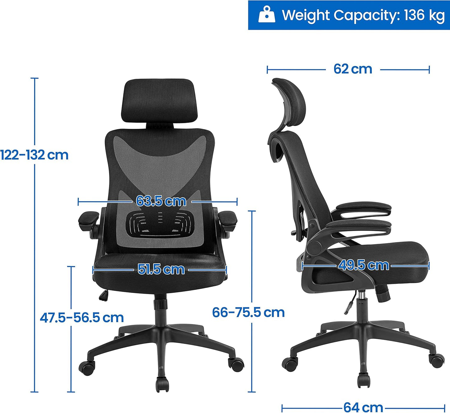 Ergonomic High Back Office Chair with Lumbar Support & Flip-up Arms for Home