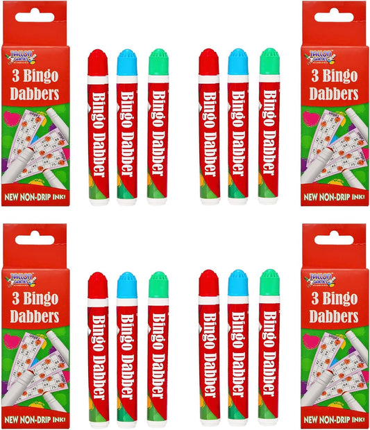 Pheleam Bingo Dabbers - 4 Pack, 12 Dabbers, Bright Red, Blue, and Green, Non-Drip Bingo Pens, Perfect for Bingo Nights at Bingo Halls & With Friends and Family, Mess-Free Pens