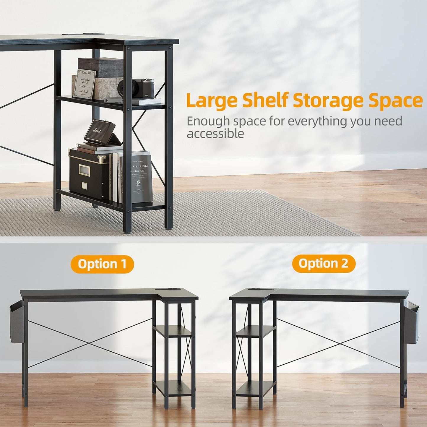 L Shaped Computer Desk with Outlets – Gaming & Office Table with Storage Shelf