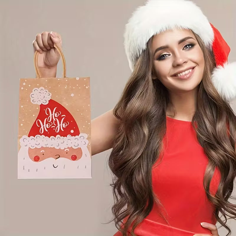 12pcs Festive Kraft Paper Gift Bags with Handles, Assorted Cartoon Christmas Designs for Holiday Party Favors and Presents