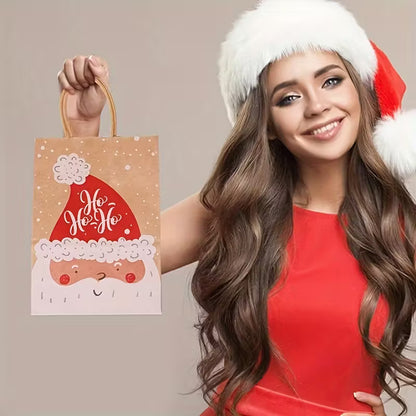 12pcs Festive Kraft Paper Gift Bags with Handles, Assorted Cartoon Christmas Designs for Holiday Party Favors and Presents