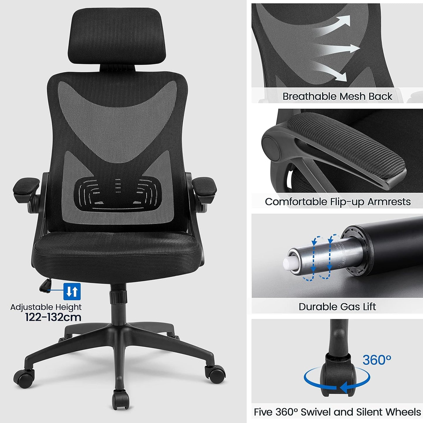 Ergonomic High Back Office Chair with Lumbar Support & Flip-up Arms for Home