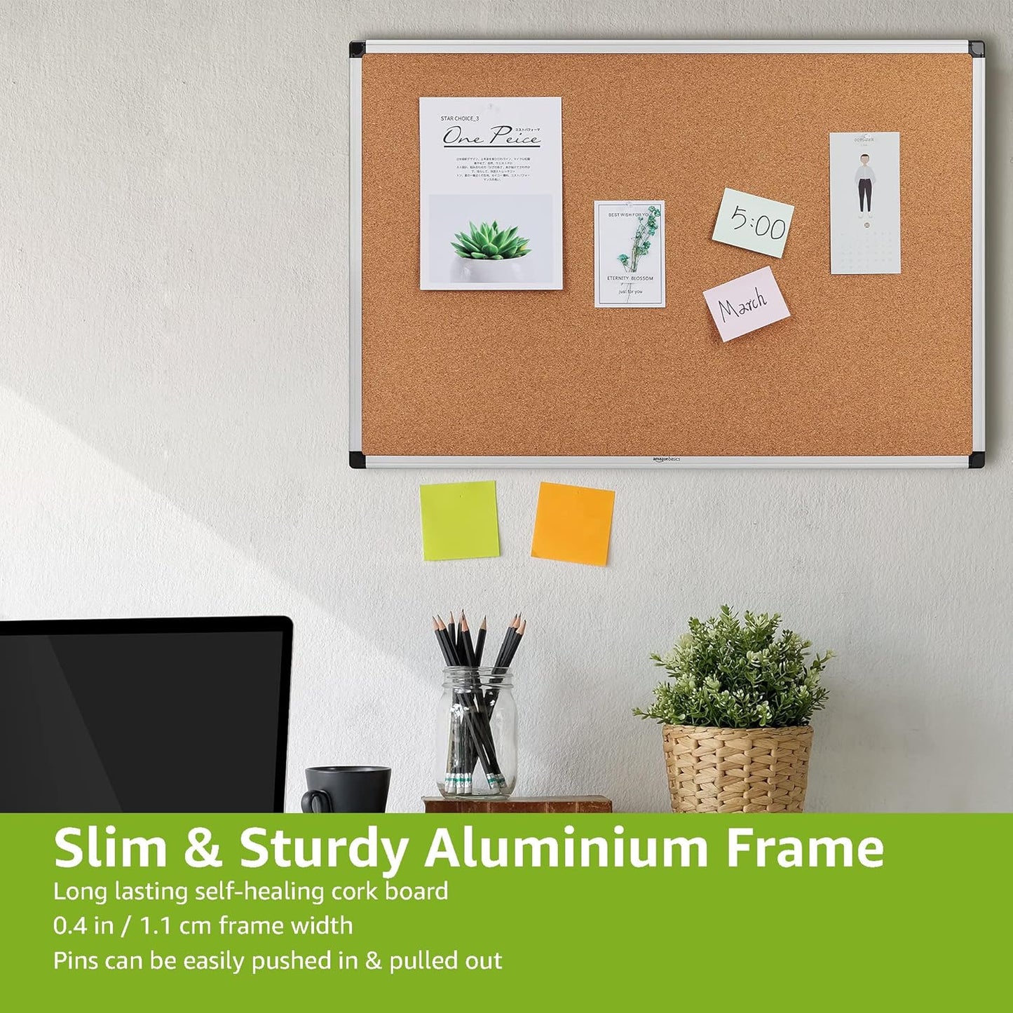 Basics Aluminum Frame Cork Notice Rectangular Board, 90cm x 60cm, Silver