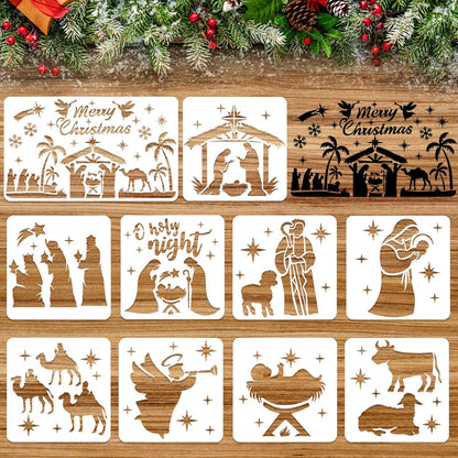 HOWAF 10 Nativity Stencils,Christmas Nativity Scene Christmas Stencils for Crafts Reusable Christmas Window Stencils Christmas Nativity Set Plastic Wall Stencils for Painting Xmas Stencils for Windows
