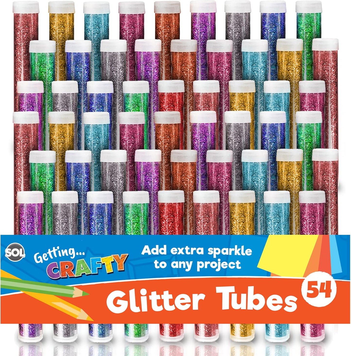 SOL 54pk Kids Glitter Tubes in 10 Assorted Vibrant Colours - Fine Glitter for Arts and Crafts, Slime, Card Making, Nail Art, and Decorations - Easy-Pour Shaker Pots for Kids and Adults