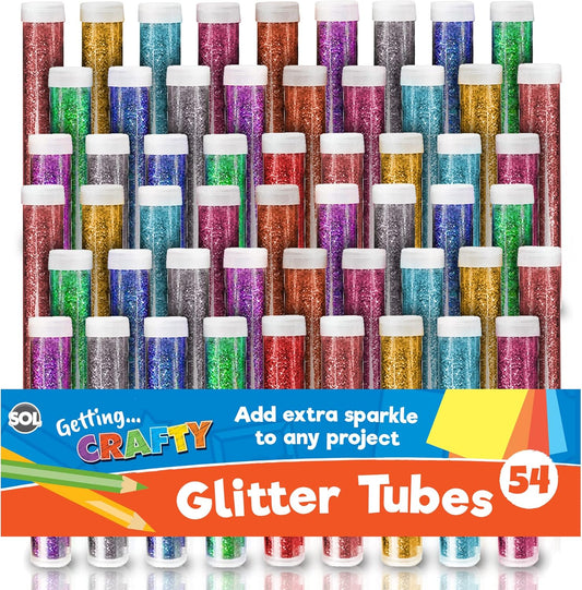 SOL 54pk Kids Glitter Tubes in 10 Assorted Vibrant Colours - Fine Glitter for Arts and Crafts, Slime, Card Making, Nail Art, and Decorations - Easy-Pour Shaker Pots for Kids and Adults