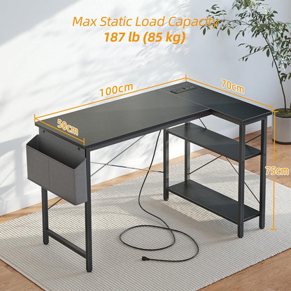 L Shaped Computer Desk with Outlets – Gaming & Office Table with Storage Shelf
