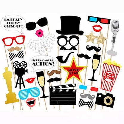 Movie Photo Props Kit - 33-Piece DIY Mustache Glasses Camera Lips Sign & Clapboard for Movie Night Party