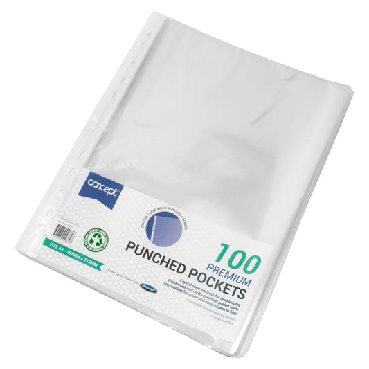 100 x A4 Poly Pockets Clear Plastic Punched File Ring Binder Paper Wallet Sleeve